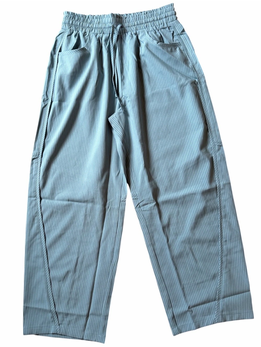 Women's Light Blue Pinstripe Drawstring Wide-Leg Trousers